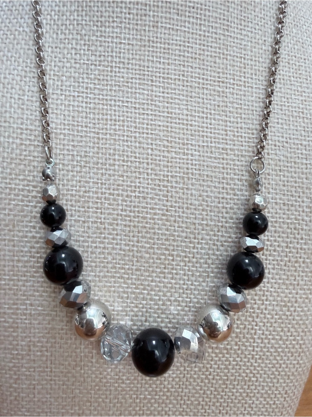 Black Silver Clear Beaded Statement Necklace Graduated 19.5" plus 2.5" Extender